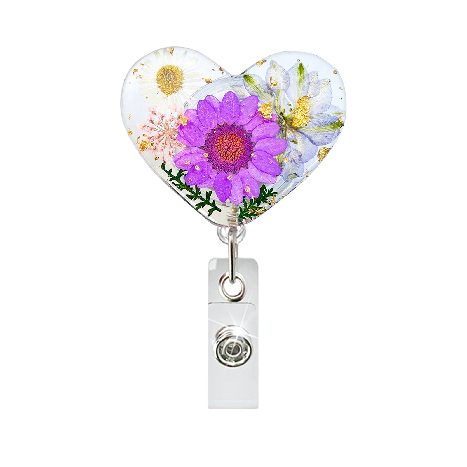 Wholesale Heart Shaped Dried Flower Resin Crocodile Clip Emblem Scroll Retractable Keychain
